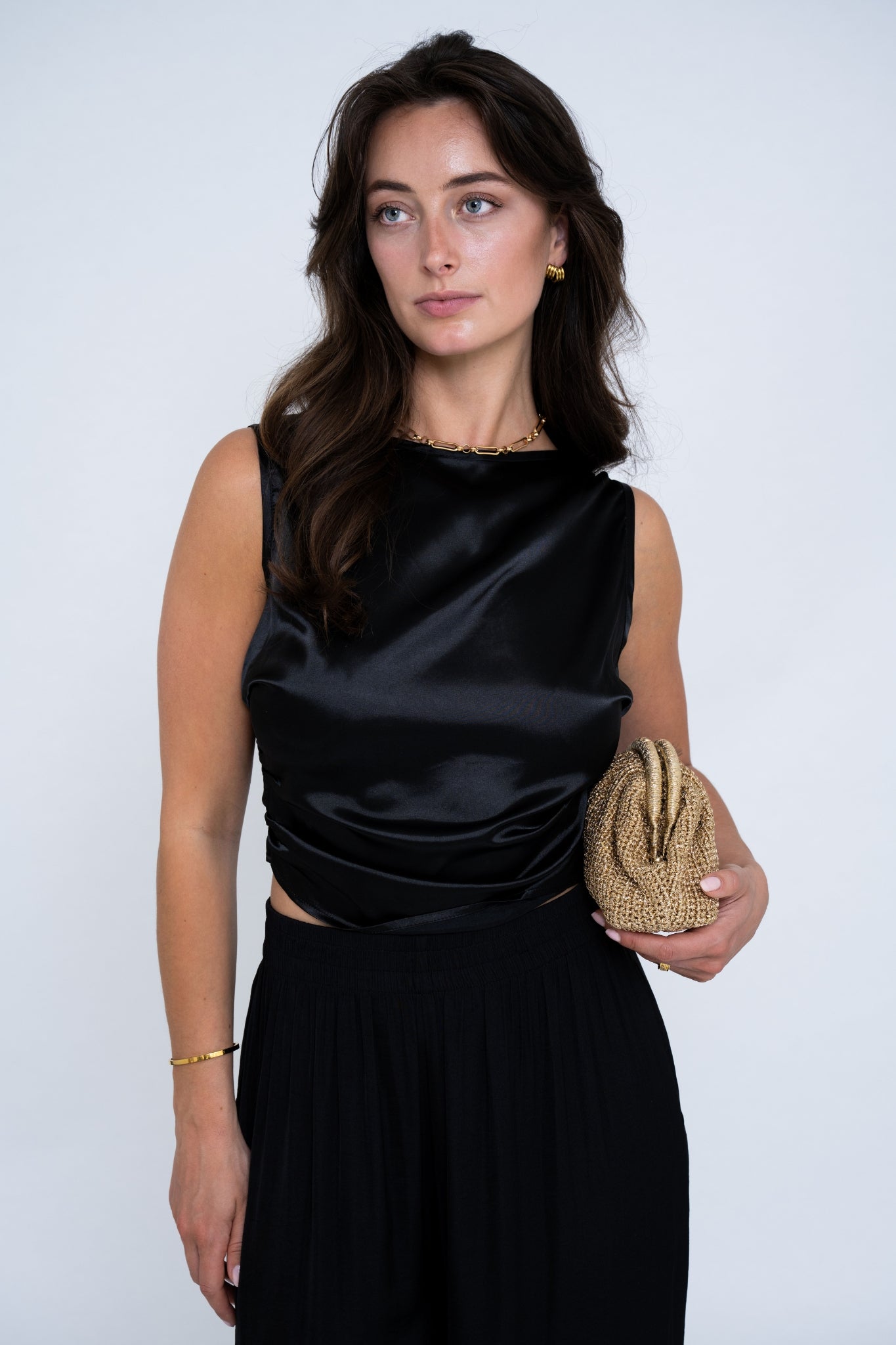 SATIN TIE-BACK TOP BLACK