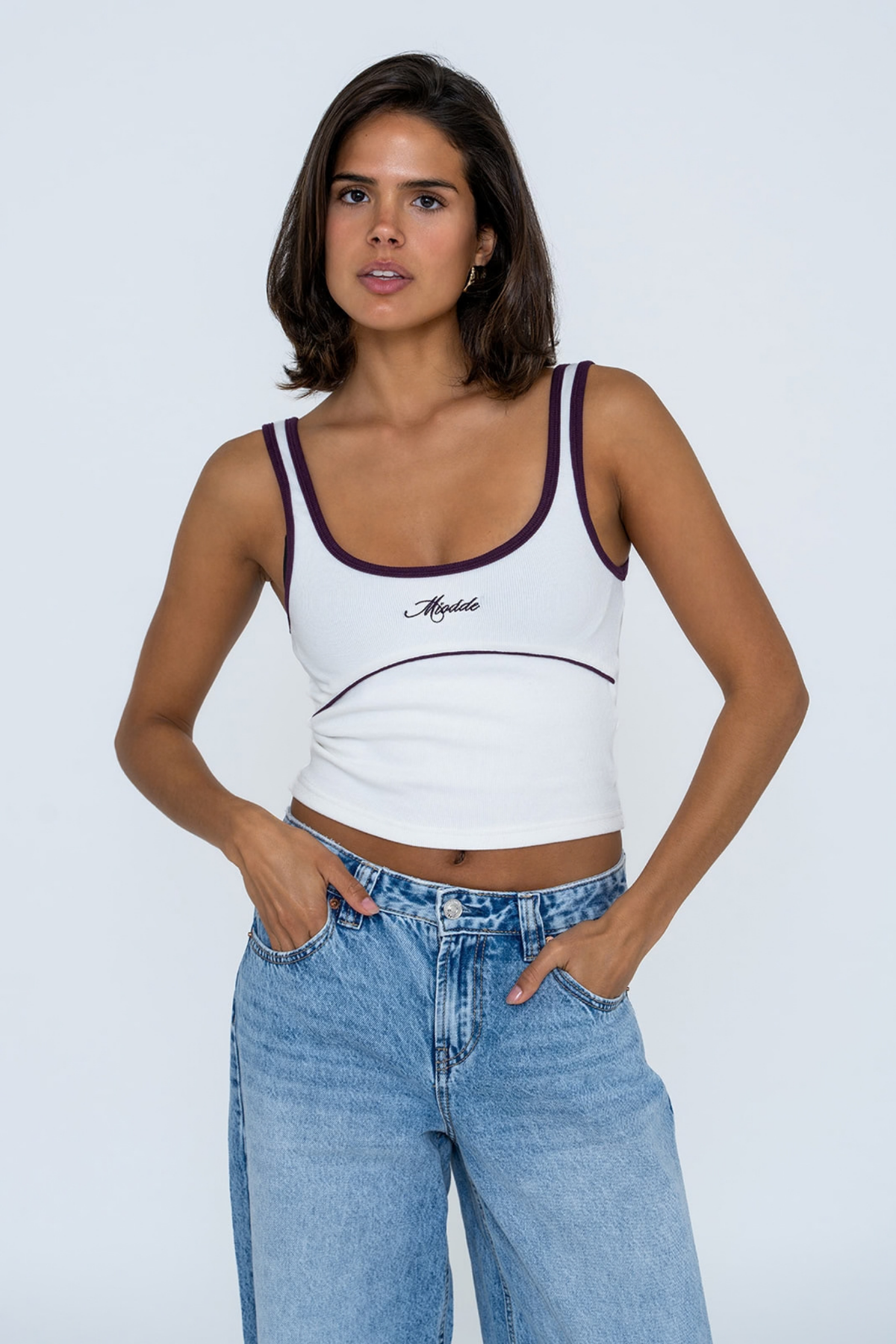 SCRIPT RIB TOP OFF WHITE / PLUM
