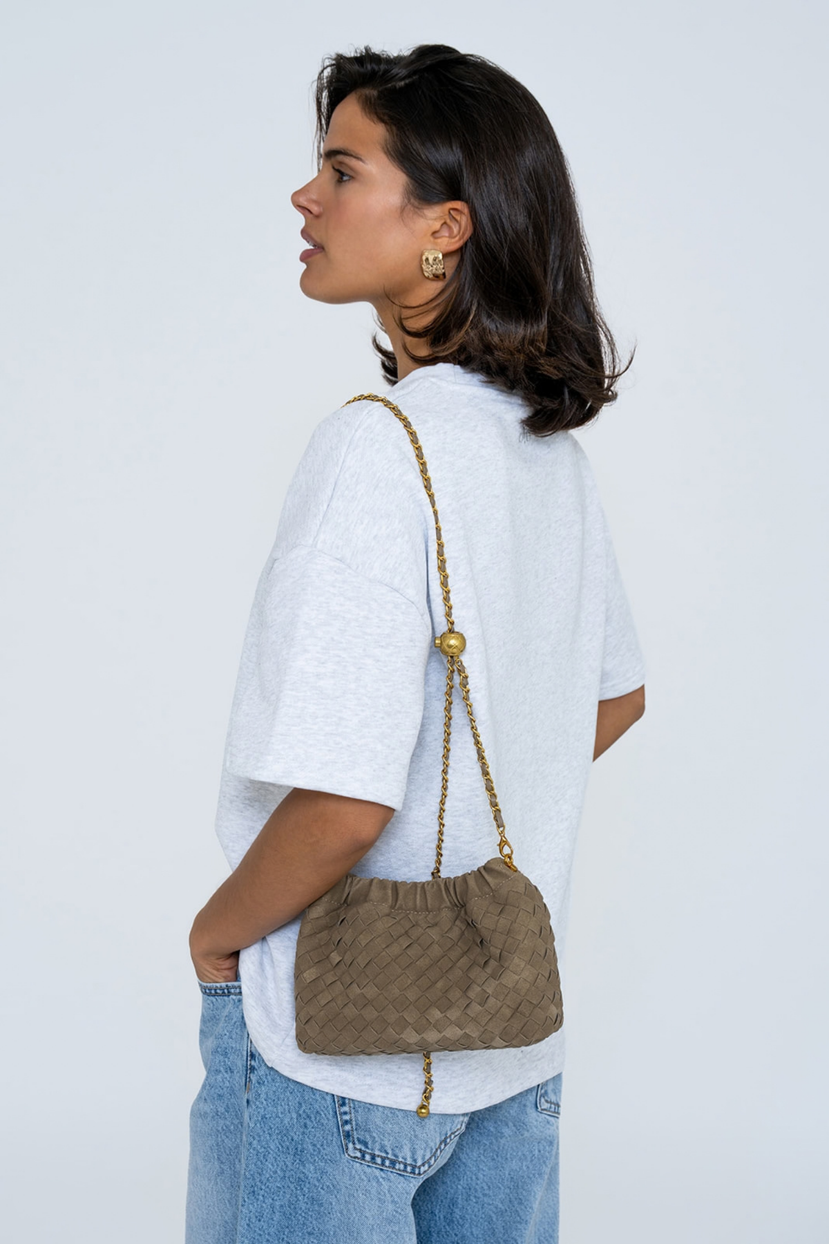 WOVEN SUEDE CROSSBODY BAG TAUPE