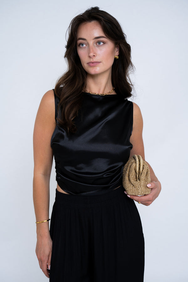 SATIN TIE-BACK TOP BLACK