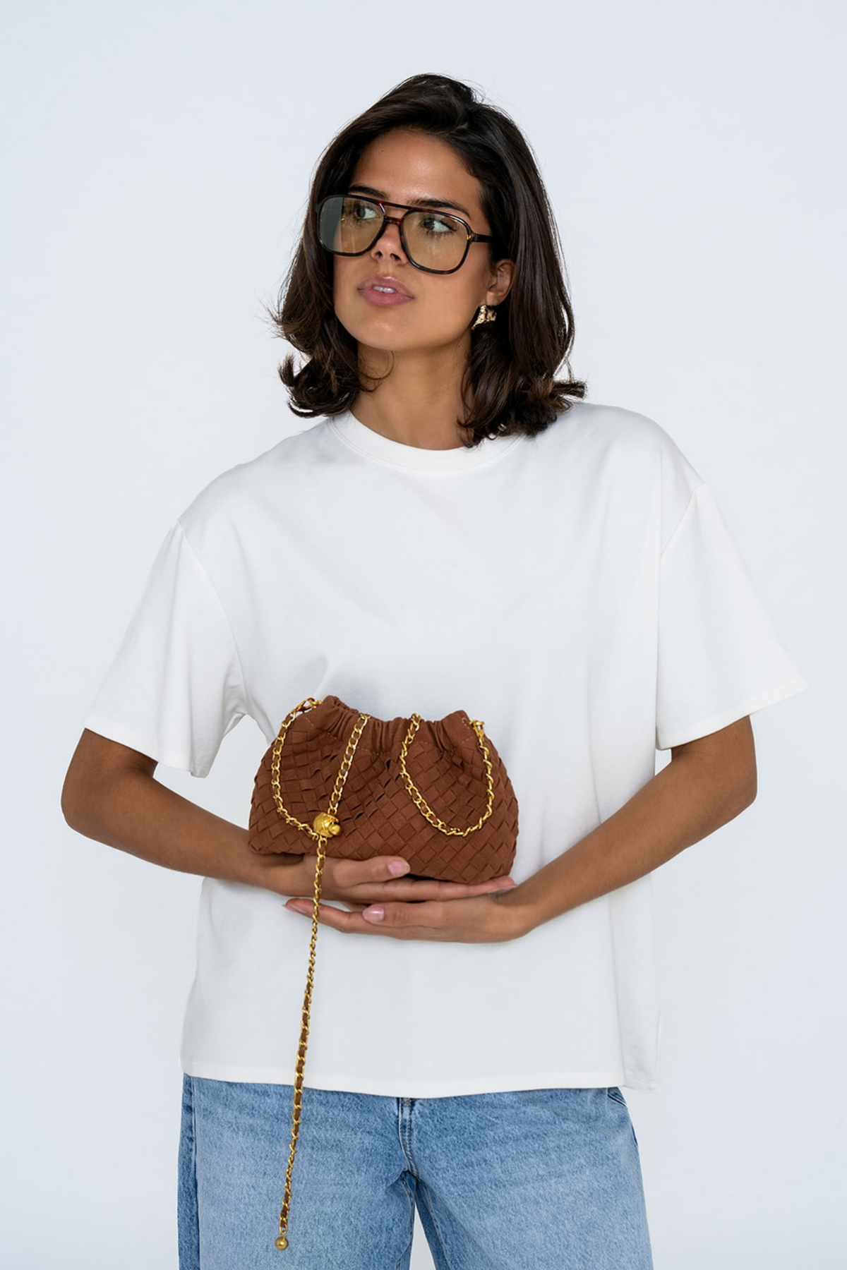 WOVEN SUEDE CROSSBODY BAG COGNAC